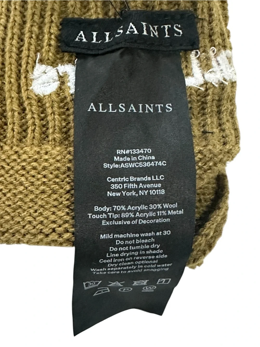NWT AllSaints Women’s Gold Khaki Wool Blend Knit Touchscreen Logo Gloves OS
